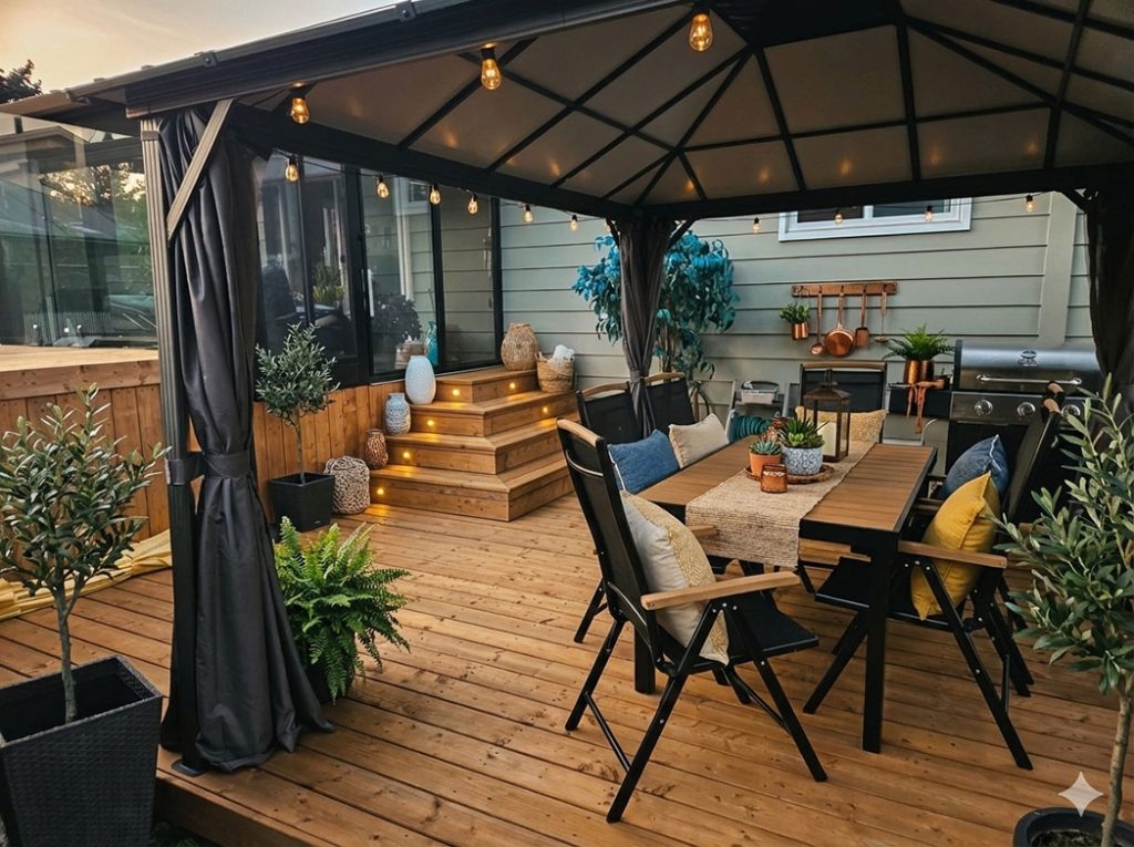 Aménagement de terrasse extérieure avec pergola en bois et lumières d'ambiance sur la Rive-Sud