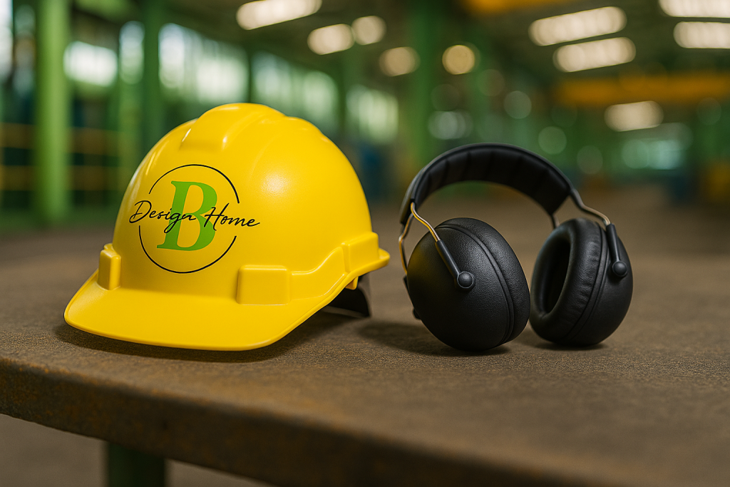 Chantier de rénovation résidentielle avec casque de sécurité et structure apparente.